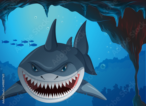 Aggressive shark underwater deep sea background