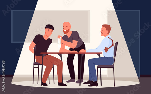 Good and bad cop, criminal interrogation method vector illustration. Cartoon detectives interrogate suspicious, meeting of police officers and prisoner with handcuffs in interrogation room background