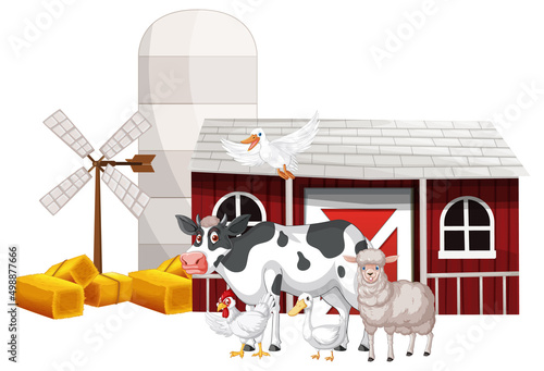 Many farm animals by the barn