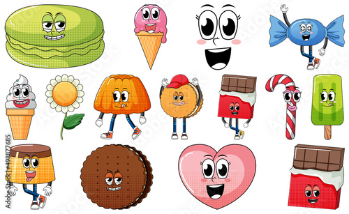 Set of facial expression with vintage style food cartoon on white background
