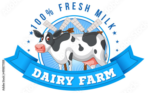 Dairy farm label logo with a dairy cow cartoon