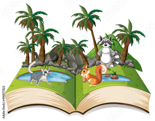 Opened fantasy book with cute animals