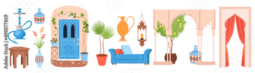 Moroccan architecture, interior decoration and culture elements set vector illustration. Cartoon blue door and gate, old pot with palm, sofa with cushions, jug and table from Morocco isolated on white