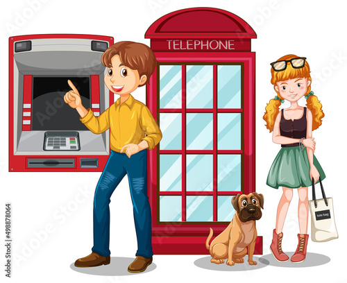 Two people standing at atm and telephone booth
