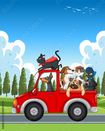 Dogs and cats driving a car on nature landscape
