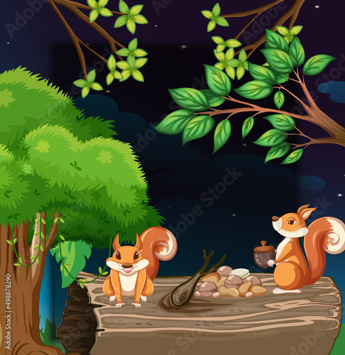 Two squirrels collecting nuts at night
