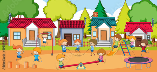 Scene with many kids playing in playground