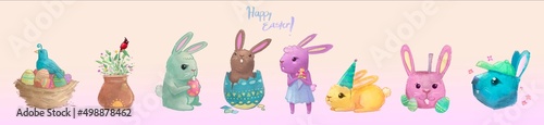 Cute easter bunnies and easter eggs illustrations, collection happy easter