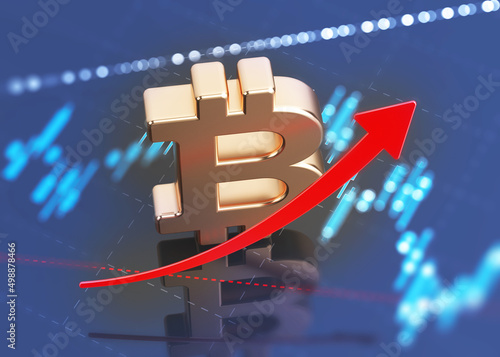 Golden Bitcoin symbol and red-colored arrow. On dark blue-colored finance graph. Focused image. Horizontal composition with copy space.