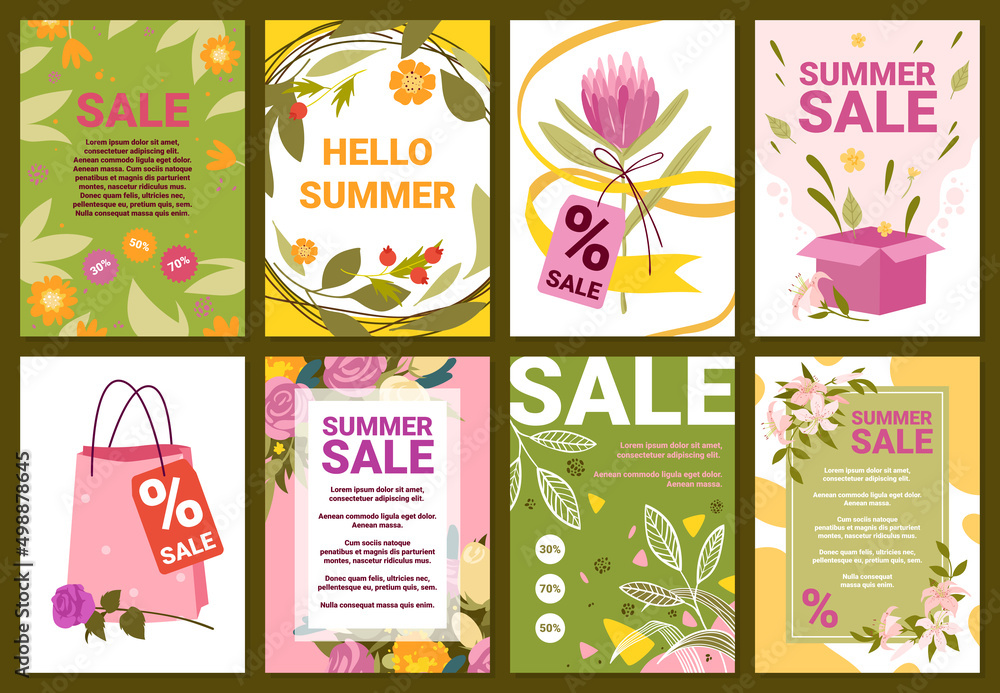 Hot summer sales, floral banner and text set vector illustration. Cartoon pink flowers and green plants, promotion deal, offers of special discounts for fashion events on flyer, poster background