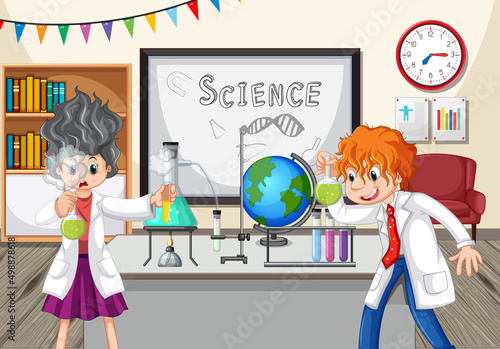 Classroom scene with scientist doing experiment