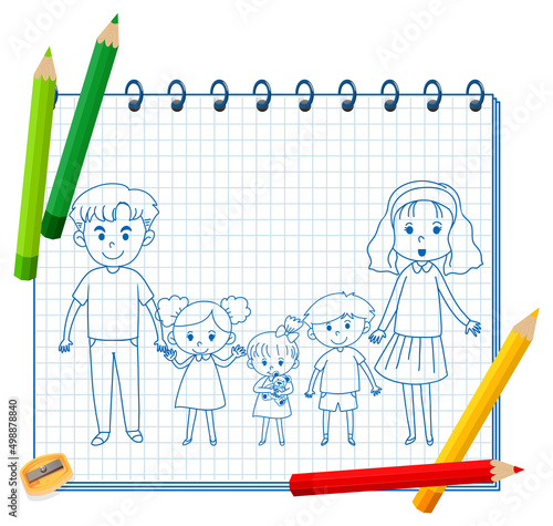 A notebook with a doodle sketch design and colour pencils