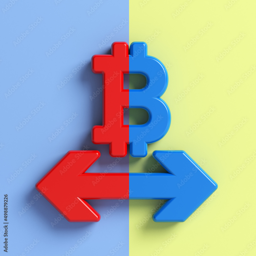 Red and blue- colored Bitcoin and arrow symbols. On blue and light yellow-colored background. Square composition with copy space. Isolated with clipping path. Red and blue- colored Bitcoin and arrow symbols. On blue and light yellow-colored background. Square composition with copy space. Isolated with clipping path.