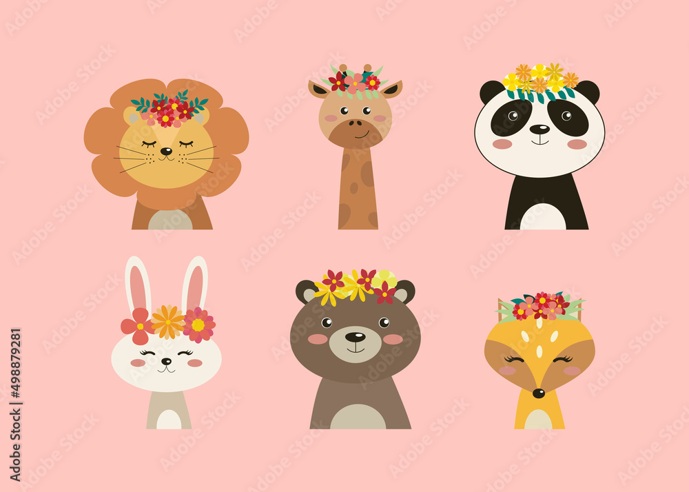 set of illustrations of cute animals with flower wreaths on their heads on a pink background. vector flat illustration, concept of flowering, spring, summer