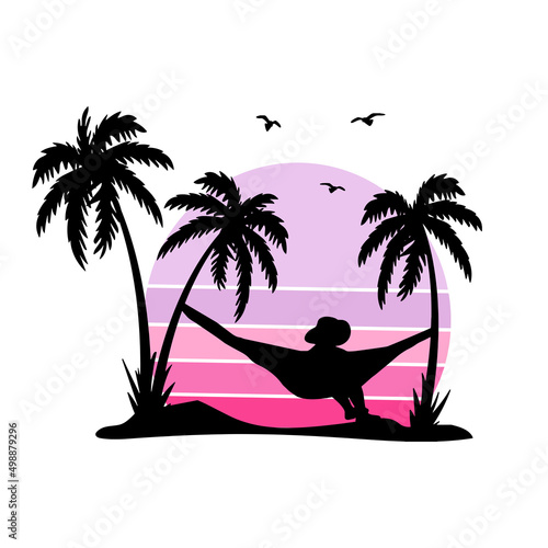 girl in hammock on the beach vector silhouette. girl and pink sunset vector logo. silhouette of palm trees and retro sun vector