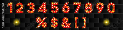 3d red marquee numbers with glow lit. Shiny symbols. Cabaret graphic elemets. Luxury Christmas neon sale advertisement