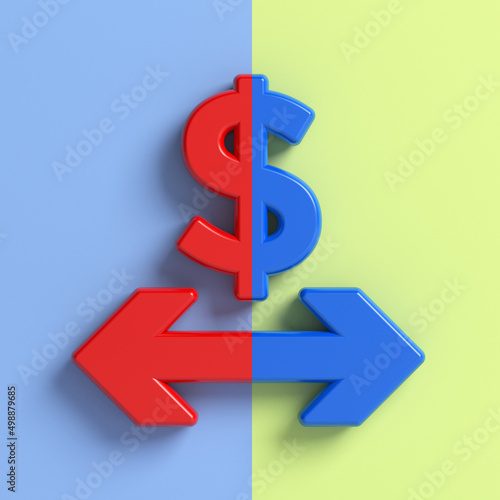 Red and blue- colored Dollar and arrow symbols. On blue and light yellow-colored background. Square composition with copy space. Isolated with clipping path.