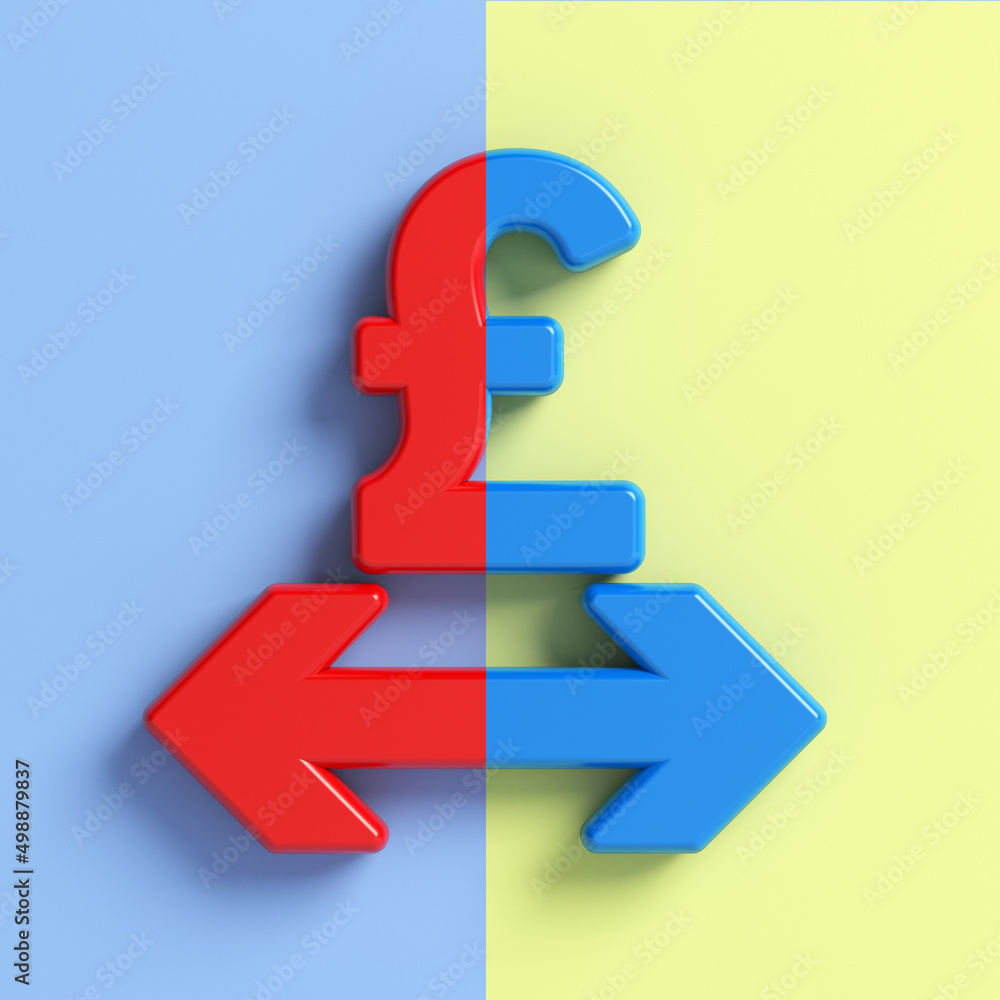 Red and blue- colored Pound and arrow symbols. On blue and light yellow-colored background. Square composition with copy space. Isolated with clipping path. Red and blue- colored Pound and arrow symbols. On blue and light yellow-colored background. Square composition with copy space. Isolated with clipping path.