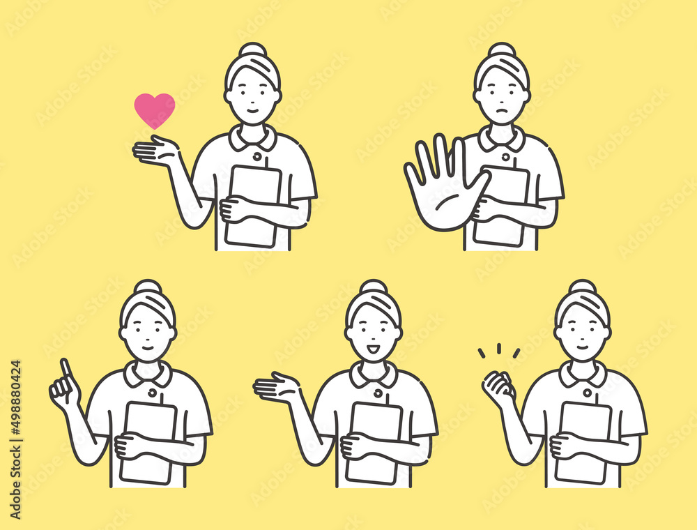 若い女性看護師のポーズと表情　バリエーションセット