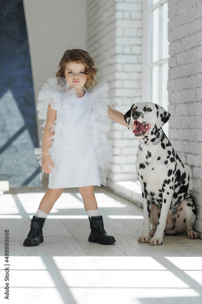 Fashion children. Little girl with a dog posing in fashionable clothes. High quality photo