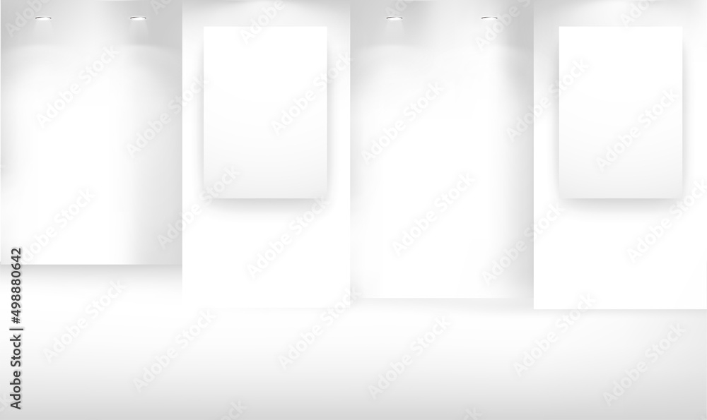 Gallery interior empty frames on wall. Art gallery empty interior, 3d room with white walls, floor and lights for pictures presentation, photography contest exhibition hall. Realistic vector mock up. Gallery interior empty frames on wall. Art gallery empty interior, 3d room with white walls, floor and lights for pictures presentation, photography contest exhibition hall. Realistic vector mock up.
