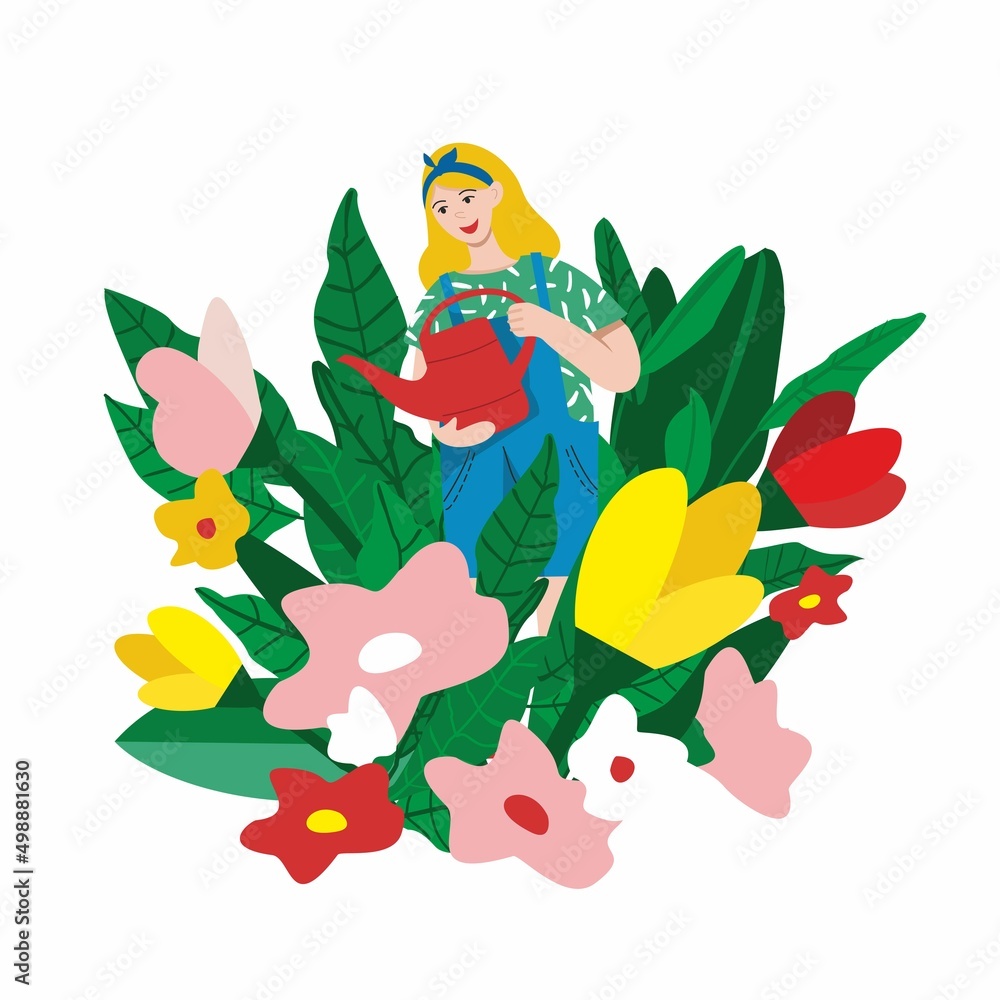 A young girl with a red watering can is watering giant flowers and plants isolated on white. Banner concept of caring for indoor plants, gardening on the balcony in summer. Cartoon vector illustration