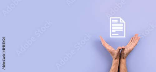 Hand holding a document icon in his hand Document Management Data System Business Internet Technology Concept. Corporate data management system DMS