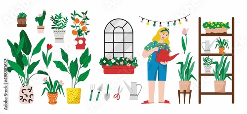 Balcony gardening set elements isolated on white. Women's hobby. Collection of city balcony garden symbols. Concept of caring home plants in summer. Girl with watering can. Cartoon vector illustration