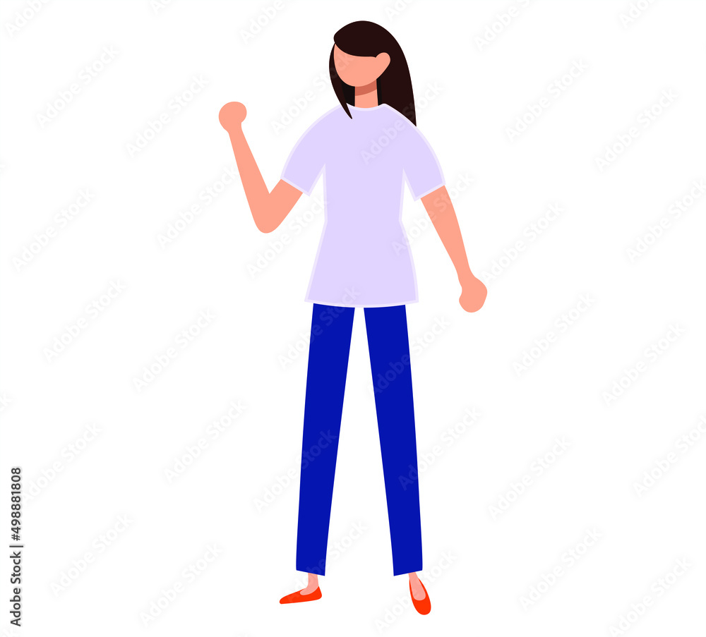 Courageous girl clenching her fists. A young woman fights for justice. Rally, picket. Vector isolated illustration in flat style.