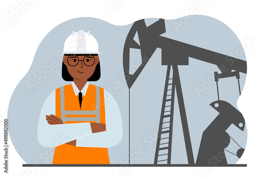 Oil refinery engineer. A female worker in front of a pumping unit for oil extraction, oil drilling and well repair.