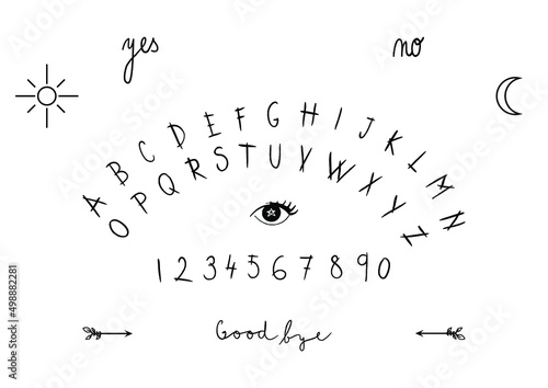 spirit ouija board black and white template hand drawn graphic design print ready