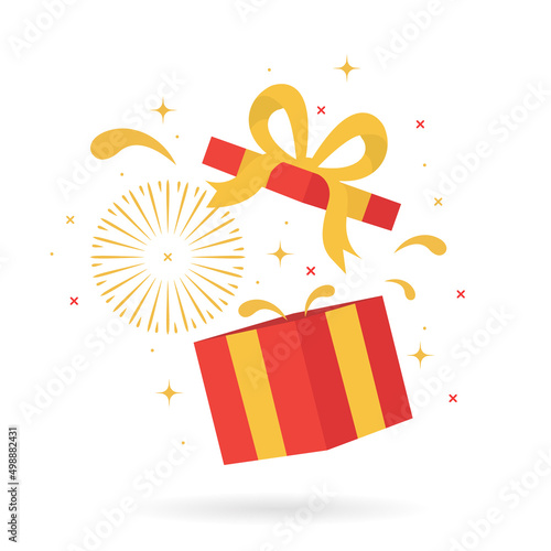 Red gift box isolated on white background with confetti explosion. An open empty red box