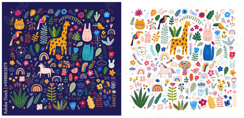 Fototapeta Naklejka Na Ścianę i Meble -  Abstract doodles. Baby animals and flowers pattern. Vector illustration with cute animals. Nursery baby illustration