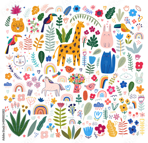 Abstract doodles. Baby animals and flowers pattern. Vector illustration with cute animals. Nursery baby illustration
