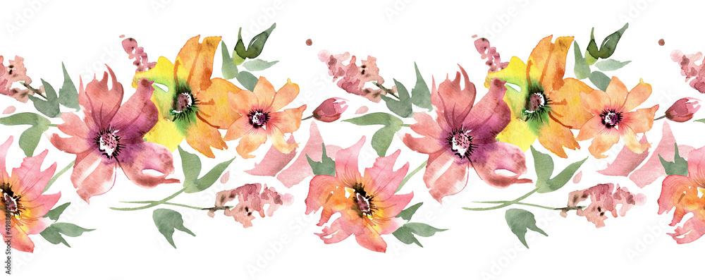 Horizontal Seamless Watercolor Floral Border. High quality illustration