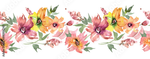 Horizontal Seamless Watercolor Floral Border. High quality illustration