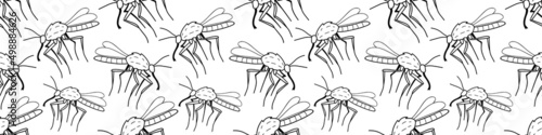 Vector seamless pattern of black outline mosquitos, moths, midges in doodle sketch style. Simple texture with insects, bloodsuckers, pests