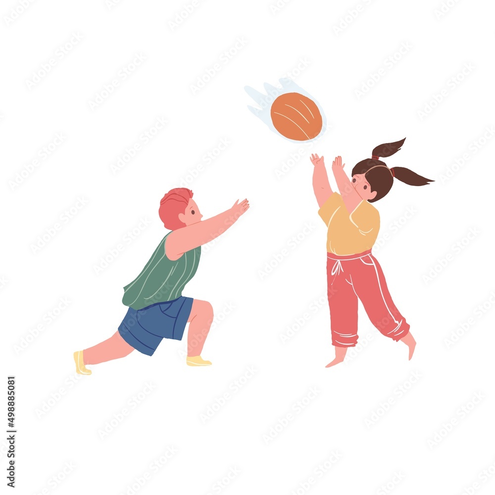 Fototapeta premium Vector flat cartoon kid characters enjoy sport activities,little athletes play volleyball-children's sport,healthy sporty lifestyle social concept,web site ad banner design