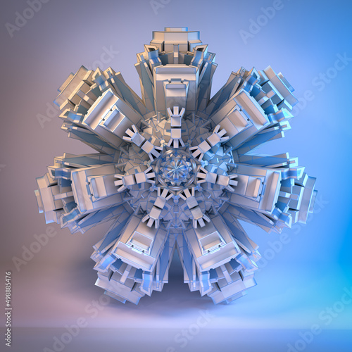 3D render of abstract geometric metallic mandala or fractal with glowing lights surreal technological futuristic spiritual symmetrical flower curved sharp edged design in grey background studio