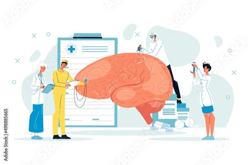 Tiny doctor examining giant brain health, inflammation or injury using stethoscope. Neurologist team studying headache, migraine disease doing mental diagnosis