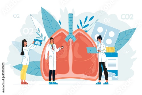 Tiny doctor examining giant lungs respiratory system. Medic pulmonology specialist team testing patient on pneumonia, tuberculosis or coronavirus complications