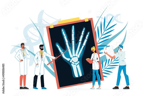 Tiny doctor team council talking discussing hand finger injury on x-ray. Trauma treatment, recovery and rehabilitation