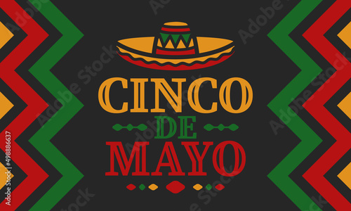 Cinco de Mayo in Mexico. Traditional mexican fiesta in May. National happy holiday with carnival, festival and parade. Latin american and spanish pattern. Illustration with sombrero. Vector poster