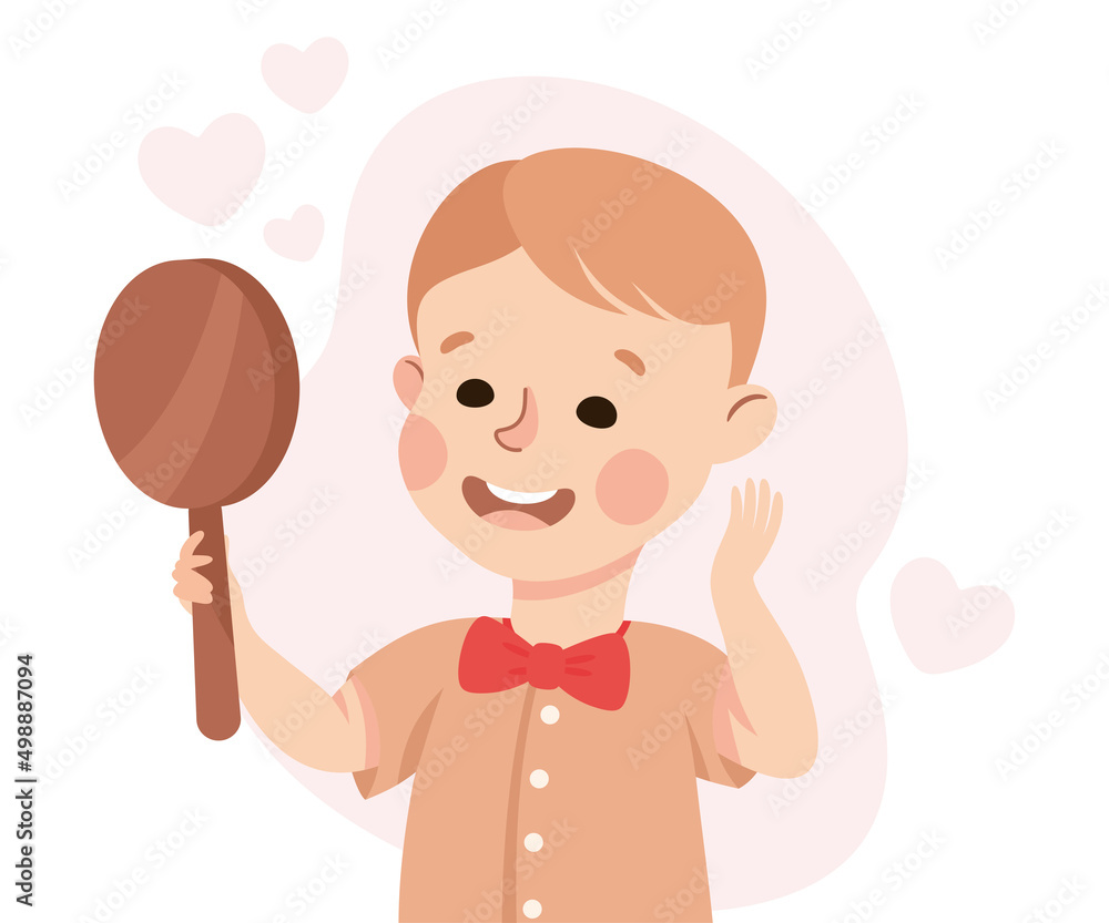 Self-love with Little Boy Looking in Mirror Admiring Himself Loving His Appearance Vector Illustration Self-love with Little Boy Looking in Mirror Admiring Himself Loving His Appearance Vector Illustration