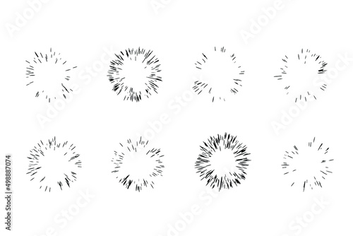 Hand drawn sunburst shine ray and sparkle element in doodle sketch style. Circle twinkle burst of sun, star. Vector illustration on white background.