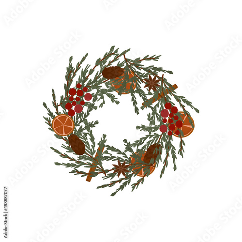 Christmas wreath. Decorated with traditional festive elements of dried oranges, cinnamon, cones, cardamine and berries. Design template. vector illustration, hand drawn