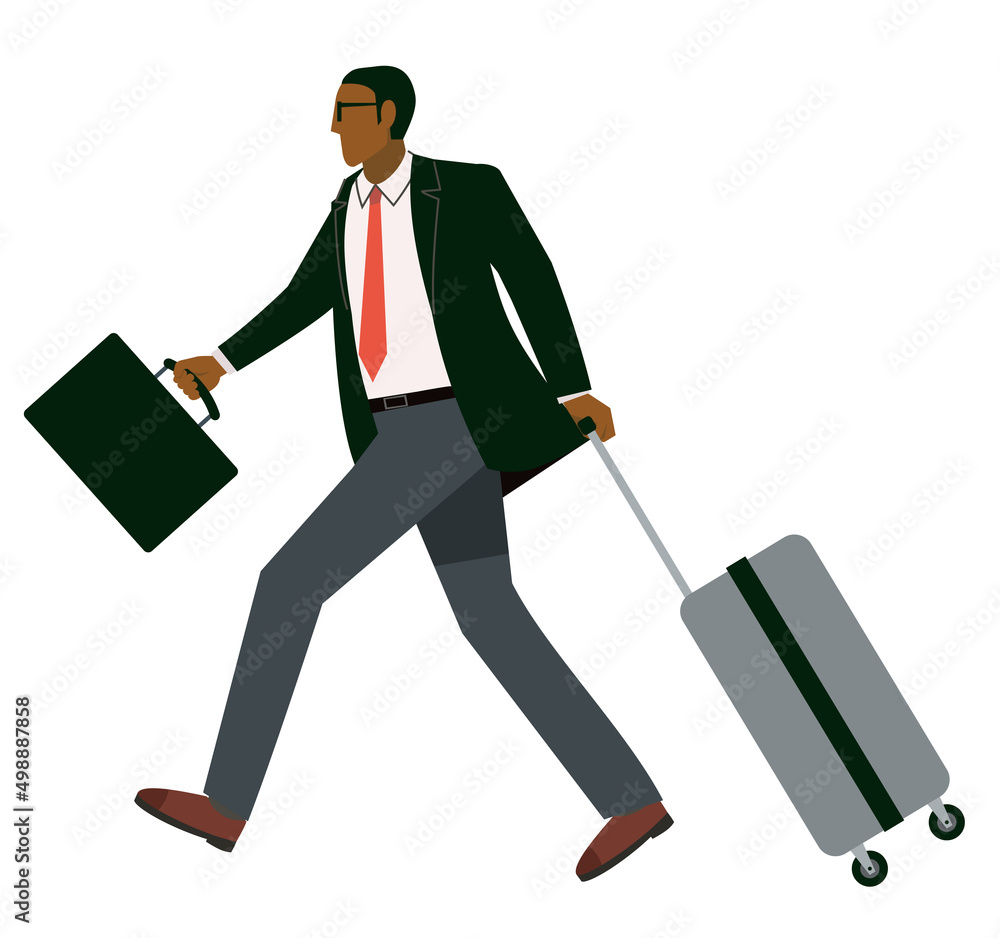 スーツケースを持った8等身のビジネスマンのイラスト 黒人系ネグロイドの男性 白背景 ビジネスイメージ Vektornyj Obekt Stock Adobe Stock