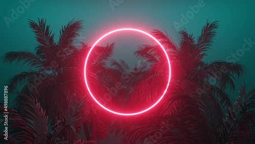 Retrowave glowing rectangle frame appears in the tropical palm tree