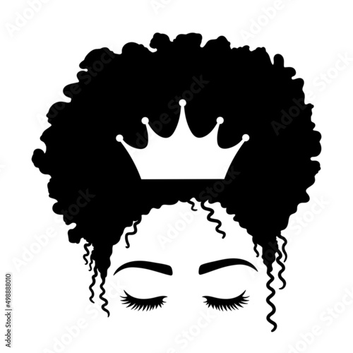 Woman face with eyelashes and crown. Afro Women. African American Woman. Vector illustration.  Isolated on white background. Good for posters, t shirts, postcards.