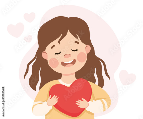 Self-love with Little Girl Holding Heart Admiring Herself Loving Her Appearance Vector Illustration
